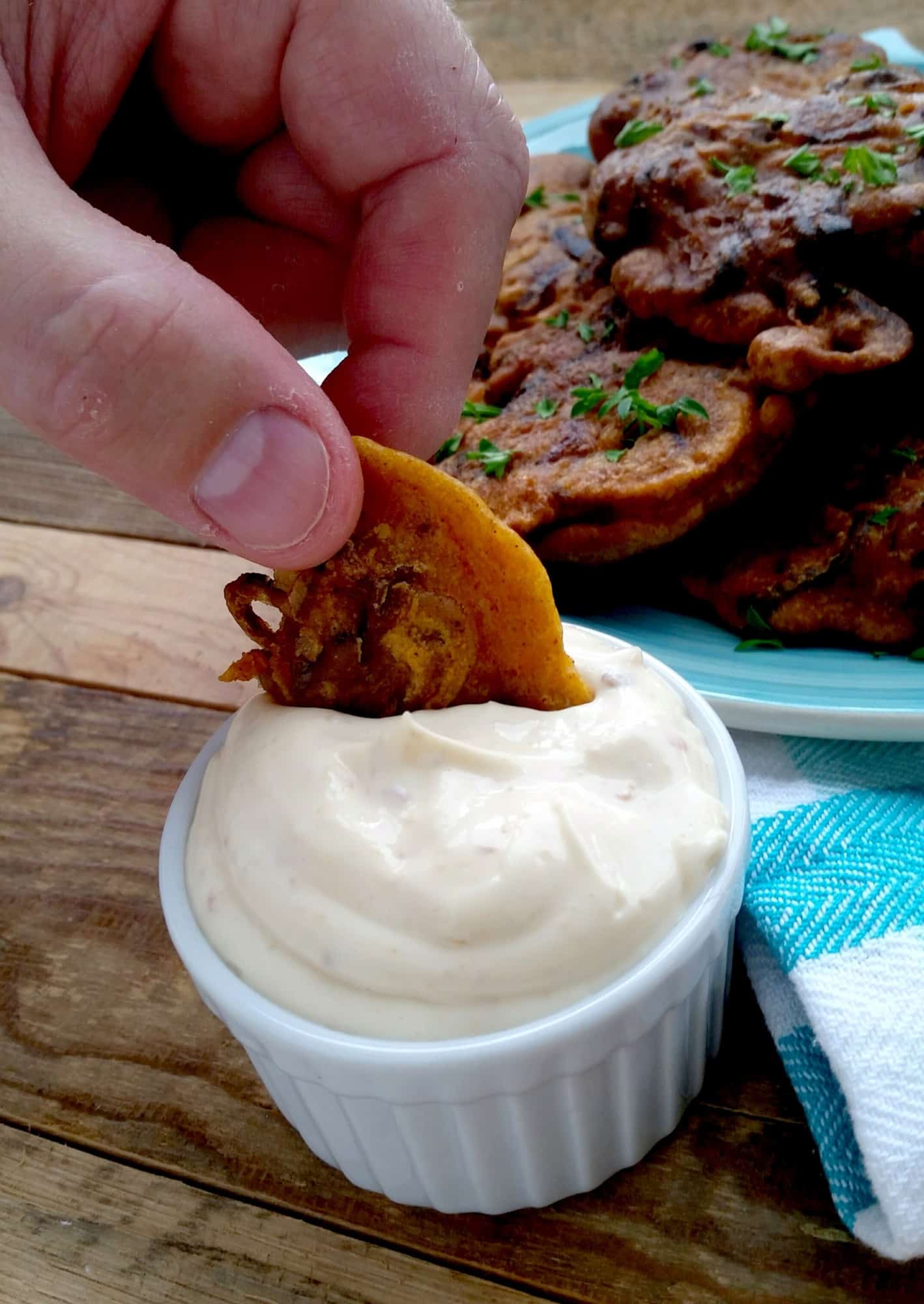 Caramelized Onion Fritters with Spicy Aioli Dipping Sauce