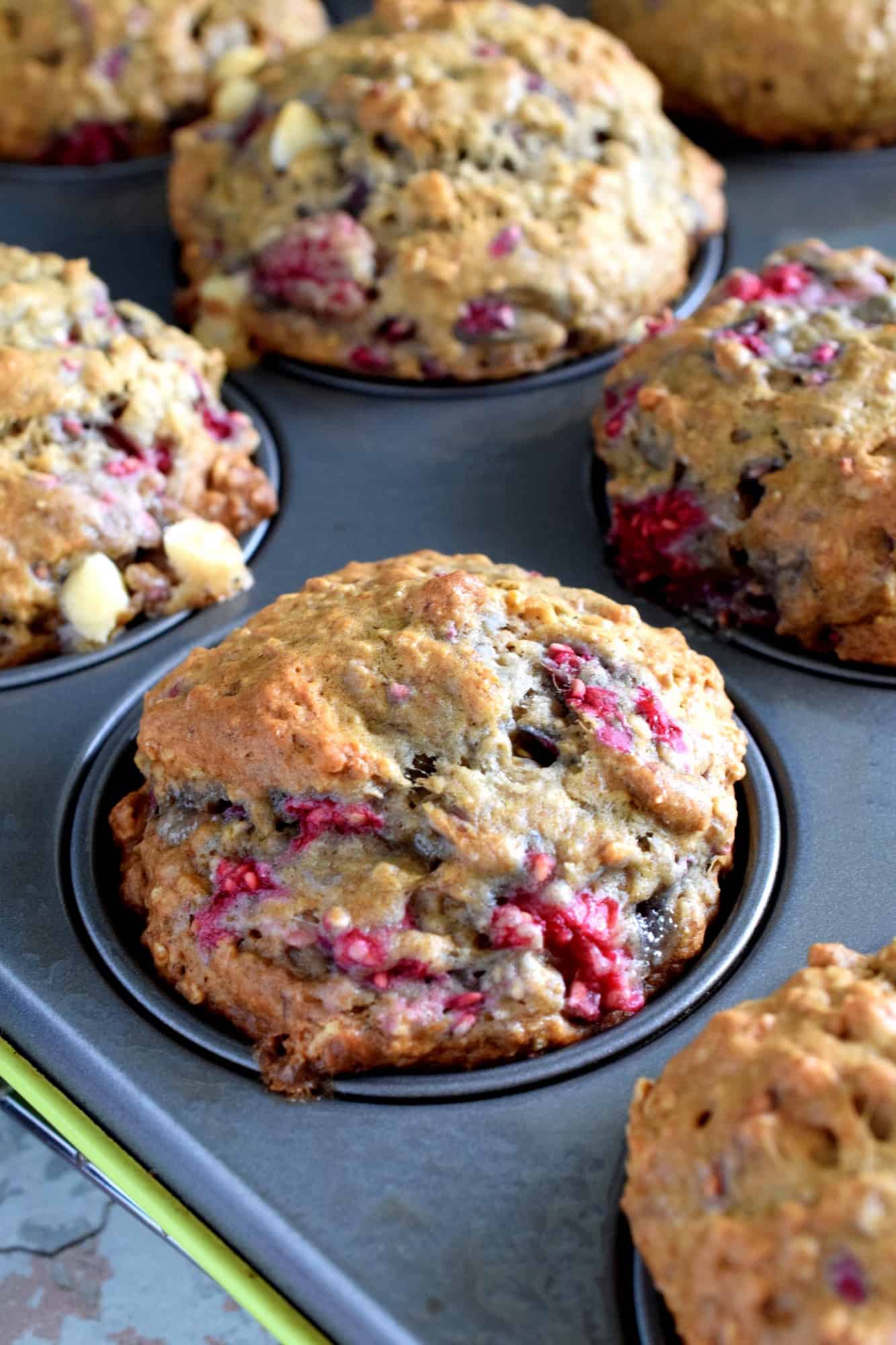 Raspberry Banana Oatmeal Muffins with White Chocolate Chunks