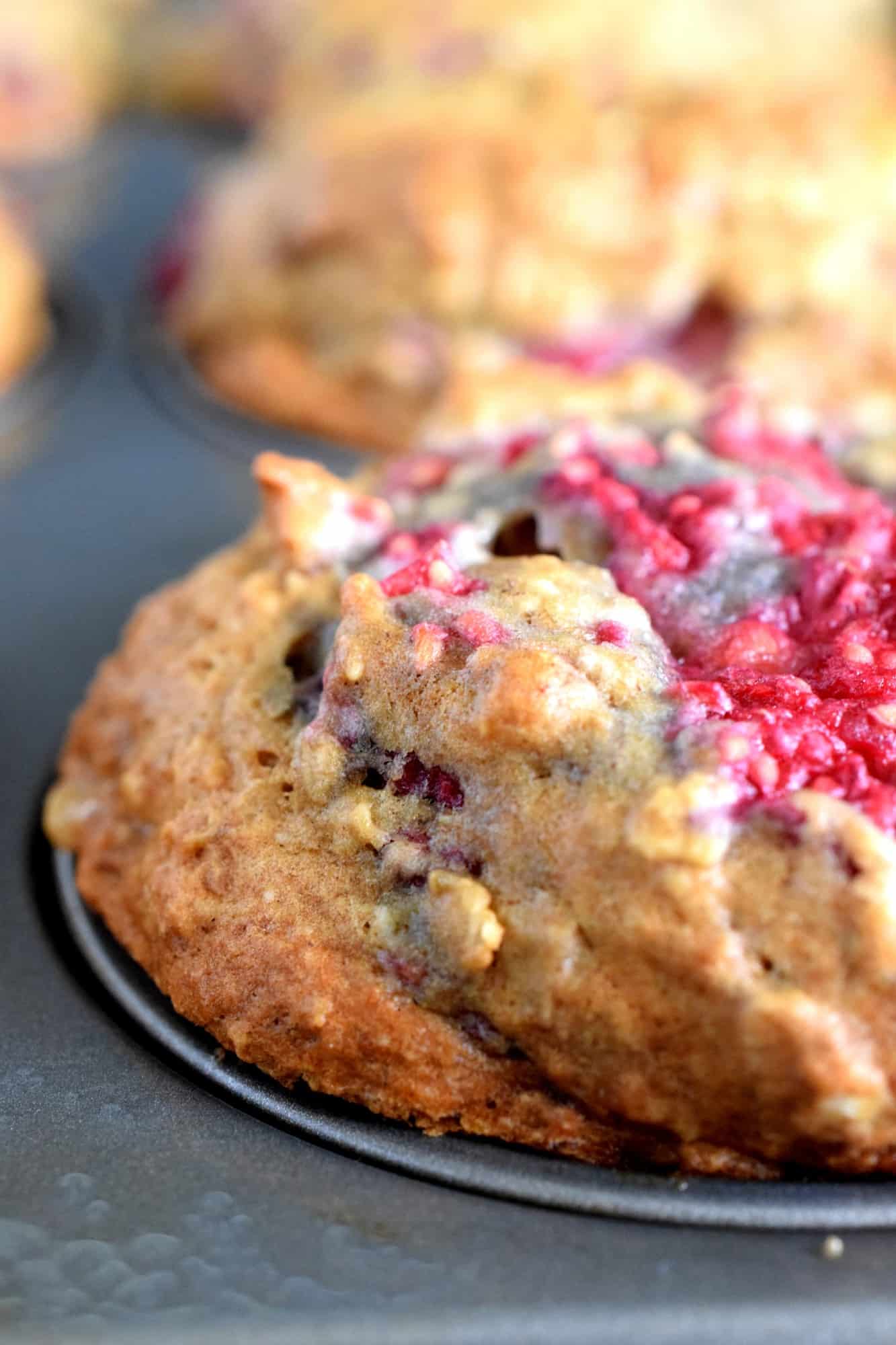 Raspberry Banana Oatmeal Muffins with White Chocolate Chunks