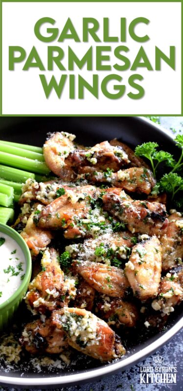 Chicken wings should be easy to prepare and taste great and those two simple rules are applied to these Garlic Parmesan Chicken Wings. With so much flavour, it's hard to believe that they are baked in an oven!  Tossed in a garlicky, cheesy, butter sauce, there never seems to be enough of these to please everyone! #garlic #garlicky #parmesan #cheese #chicken #wings #baked