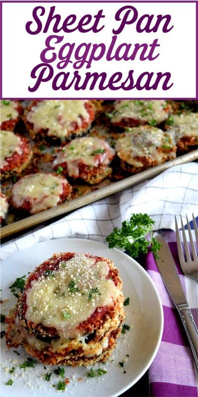 An update on an old Italian classic; this healthier version of Sheet Pan Eggplant Parmesan is bursting with flavour.  No need to pan-fry the eggplant first in this version; it's coated in panko crumbs and baked to keep it crispier and lighter! #eggplant #parmesan #eggplantparmesan #italianrecipes #sheetpan #sheetpanrecipes #eggplant #parmesan #eggplantparmesan #italianrecipes #sheetpan #sheetpanrecipes