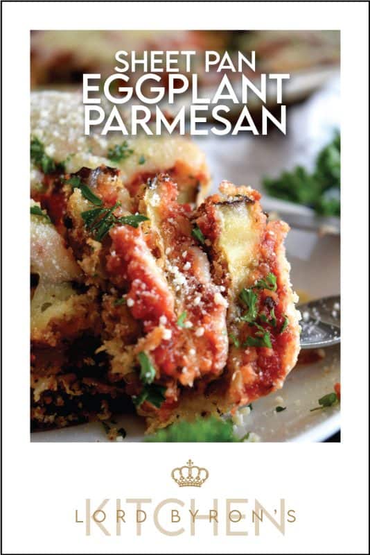 An update on an old Italian classic; this healthier version of Sheet Pan Eggplant Parmesan is bursting with flavour.  No need to pan-fry the eggplant first in this version; it's coated in panko crumbs and baked to keep it crispier and lighter! #eggplant #parmesan #eggplantparmesan #italianrecipes #sheetpan #sheetpanrecipes #eggplant #parmesan #eggplantparmesan #italianrecipes #sheetpan #sheetpanrecipes