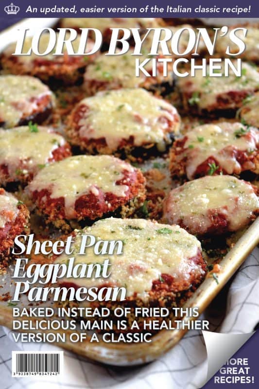 An update on an old Italian classic; this healthier version of Sheet Pan Eggplant Parmesan is bursting with flavour.  No need to pan-fry the eggplant first in this version; it's coated in panko crumbs and baked to keep it crispier and lighter! #eggplant #parmesan #eggplantparmesan #italianrecipes #sheetpan #sheetpanrecipes #eggplant #parmesan #eggplantparmesan #italianrecipes #sheetpan #sheetpanrecipes