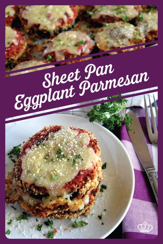 An update on an old Italian classic; this healthier version of Sheet Pan Eggplant Parmesan is bursting with flavour.  No need to pan-fry the eggplant first in this version; it's coated in panko crumbs and baked to keep it crispier and lighter! #eggplant #parmesan #eggplantparmesan #italianrecipes #sheetpan #sheetpanrecipes #eggplant #parmesan #eggplantparmesan #italianrecipes #sheetpan #sheetpanrecipes
