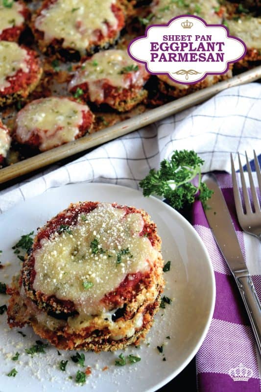 An update on an old Italian classic; this healthier version of Sheet Pan Eggplant Parmesan is bursting with flavour.  No need to pan-fry the eggplant first in this version; it's coated in panko crumbs and baked to keep it crispier and lighter! #eggplant #parmesan #eggplantparmesan #italianrecipes #sheetpan #sheetpanrecipes #eggplant #parmesan #eggplantparmesan #italianrecipes #sheetpan #sheetpanrecipes