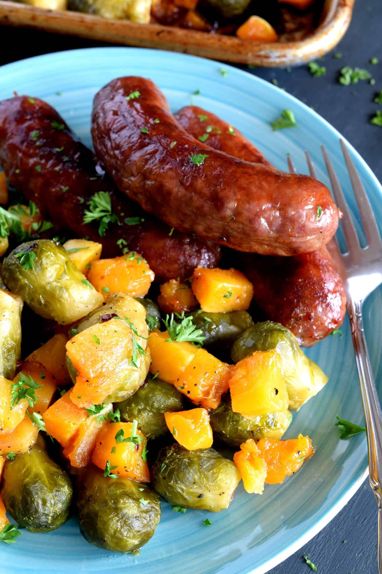 Roasted Sausage with Brussels Sprouts and Butternut Squash Lord Byron