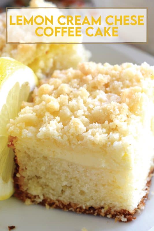 Lemon Cream Cheese Coffee Cake is extra lemony, with a creamy filling and a crumbly topping.  Light, refreshing, and delicious; brew the coffee and invite your friends! That's assuming you'll want to share this cake with anyone after you get your first taste! #lemon #coffee #cake #cream #cheese #dessert #summer