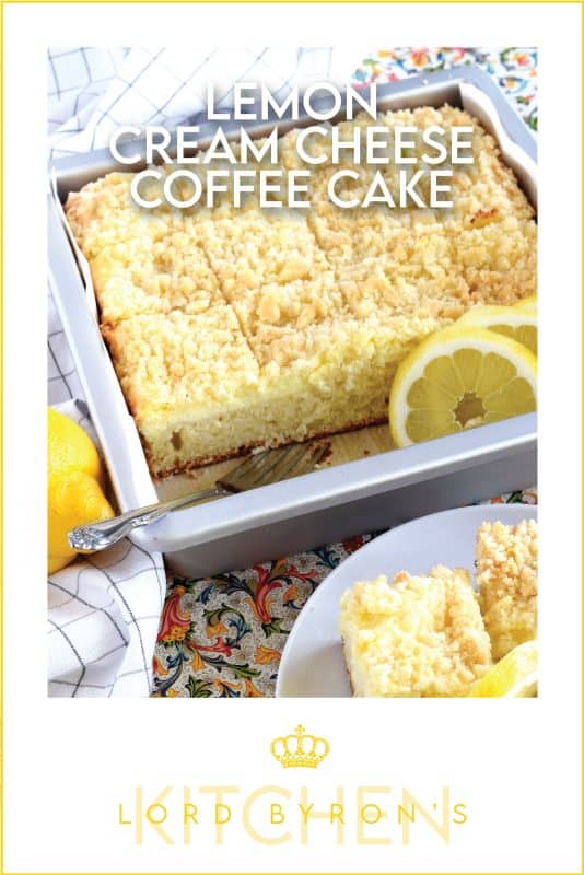 Lemon Cream Cheese Coffee Cake is extra lemony, with a creamy filling and a crumbly topping.  Light, refreshing, and delicious; brew the coffee and invite your friends! That's assuming you'll want to share this cake with anyone after you get your first taste! #lemon #coffee #cake #cream #cheese #dessert #summer