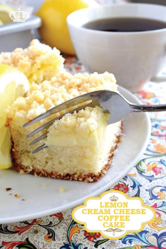 Lemon Cream Cheese Coffee Cake is extra lemony, with a creamy filling and a crumbly topping.  Light, refreshing, and delicious; brew the coffee and invite your friends! That's assuming you'll want to share this cake with anyone after you get your first taste! #lemon #coffee #cake #cream #cheese #dessert #summer