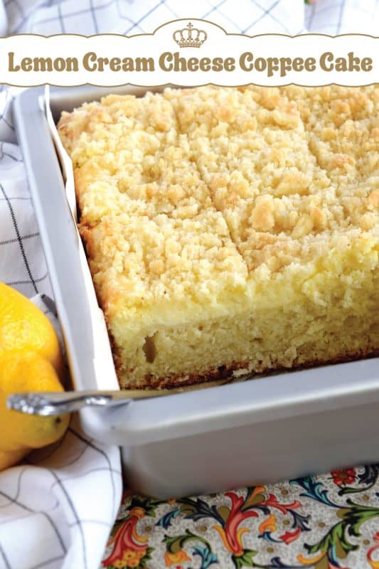 Lemon Cream Cheese Coffee Cake is extra lemony, with a creamy filling and a crumbly topping.  Light, refreshing, and delicious; brew the coffee and invite your friends! That's assuming you'll want to share this cake with anyone after you get your first taste! #lemon #coffee #cake #cream #cheese #dessert #summer
