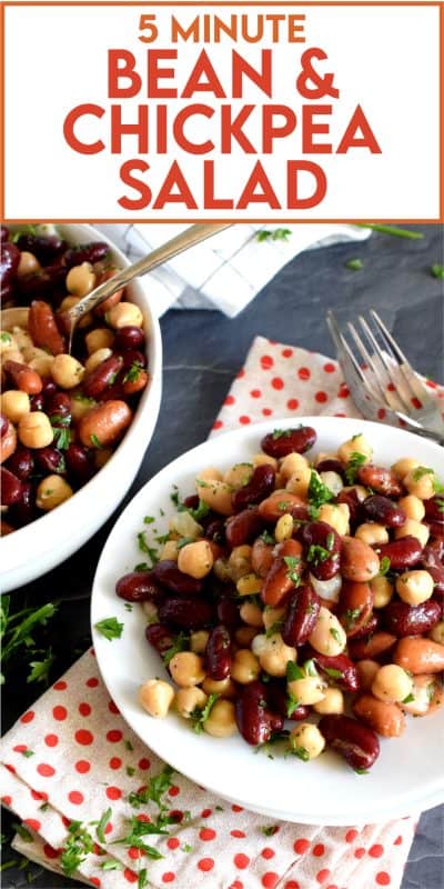 A quick, delicious, and hearty salad that's perfect for any occasion! This 5 Minute Bean and Chickpea Salad will pair well with anything you serve at a picnic, backyard barbecue, or local church potluck! A tangy and savoury salad this good and this inexpensive is a keeper for sure! #chickpea #bean #salad #side #vegetarian #nobake #canned #5minuterecipes