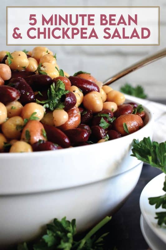 A quick, delicious, and hearty salad that's perfect for any occasion! This 5 Minute Bean and Chickpea Salad will pair well with anything you serve at a picnic, backyard barbecue, or local church potluck! A tangy and savoury salad this good and this inexpensive is a keeper for sure! #chickpea #bean #salad #side #vegetarian #nobake #canned #5minuterecipes