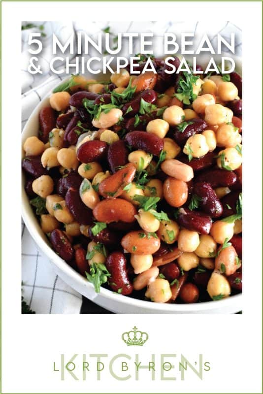 A quick, delicious, and hearty salad that's perfect for any occasion! This 5 Minute Bean and Chickpea Salad will pair well with anything you serve at a picnic, backyard barbecue, or local church potluck! A tangy and savoury salad this good and this inexpensive is a keeper for sure! #chickpea #bean #salad #side #vegetarian #nobake #canned #5minuterecipes
