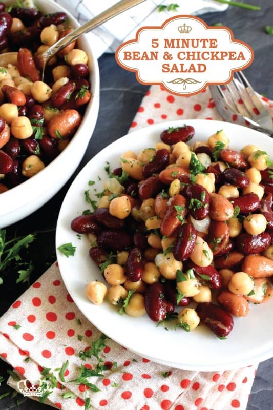 A quick, delicious, and hearty salad that's perfect for any occasion! This 5 Minute Bean and Chickpea Salad will pair well with anything you serve at a picnic, backyard barbecue, or local church potluck! A tangy and savoury salad this good and this inexpensive is a keeper for sure! #chickpea #bean #salad #side #vegetarian #nobake #canned #5minuterecipes