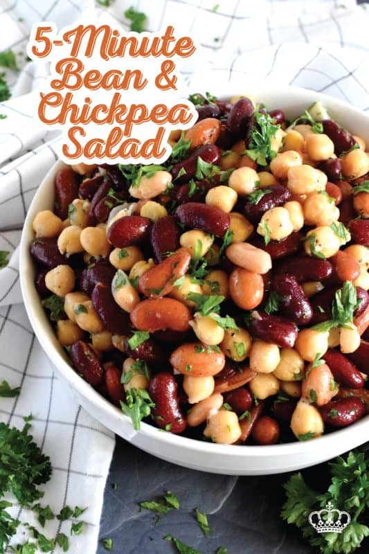 A quick, delicious, and hearty salad that's perfect for any occasion! This 5 Minute Bean and Chickpea Salad will pair well with anything you serve at a picnic, backyard barbecue, or local church potluck! A tangy and savoury salad this good and this inexpensive is a keeper for sure! #chickpea #bean #salad #side #vegetarian #nobake #canned #5minuterecipes