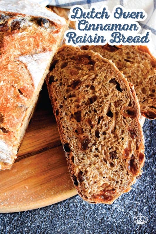There's something really soothing and satisfying about freshly baked bread. Even more so when you bake that bread yourself! Dutch Oven Cinnamon Raisin Bread is the tastiest - and easiest! - bread you'll ever make. It's a good thing too, because you'll want to make this bread again and again! #dutchoven #cinnamon #raisin #cinnamonraisin #bread #homemadebread #dutchovenbread