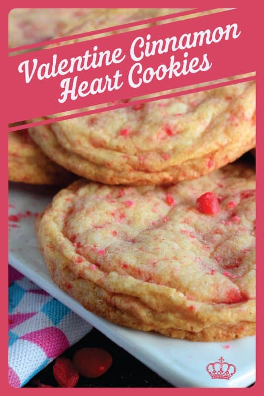 Not all great cookies are soft and chewy. Valentine Cinnamon Heart Cookies are thin and crispy with a soft, sweet center. And, they're packed full of everyone's favourite cinnamon candy! Make a batch for your special someone today! #valentine #cinnamon #heart #candy #cookies