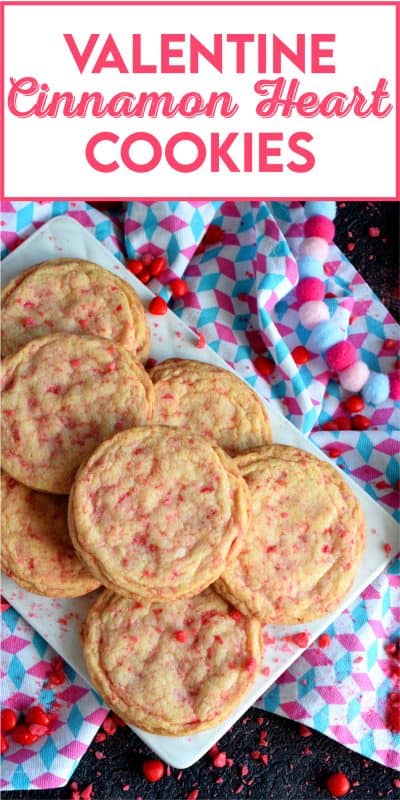 Not all great cookies are soft and chewy. Valentine Cinnamon Heart Cookies are thin and crispy with a soft, sweet center. And, they're packed full of everyone's favourite cinnamon candy! Make a batch for your special someone today! #valentine #cinnamon #heart #candy #cookies