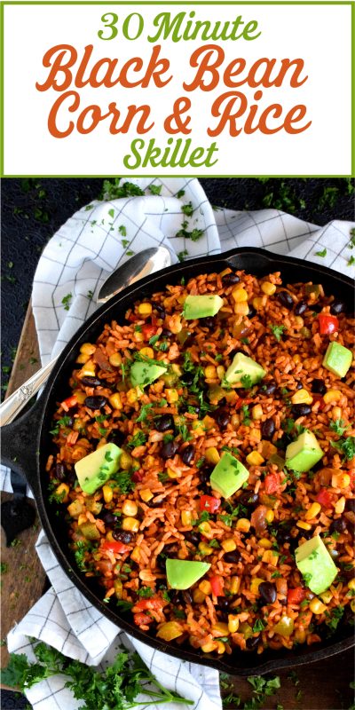 30 Minute Black Bean Corn and Rice Skillet has everything a well-rounded, wholesome meal needs! This is a perfect family dinner with many serving options. Roll it into a burrito or pile it into a bowl with cheese and sour cream on top! #30minute #blackbean #skillet #onepot #dinner