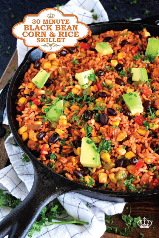 30 Minute Black Bean Corn and Rice Skillet has everything a well-rounded, wholesome meal needs! This is a perfect family dinner with many serving options. Roll it into a burrito or pile it into a bowl with cheese and sour cream on top! #30minute #blackbean #skillet #onepot #dinner