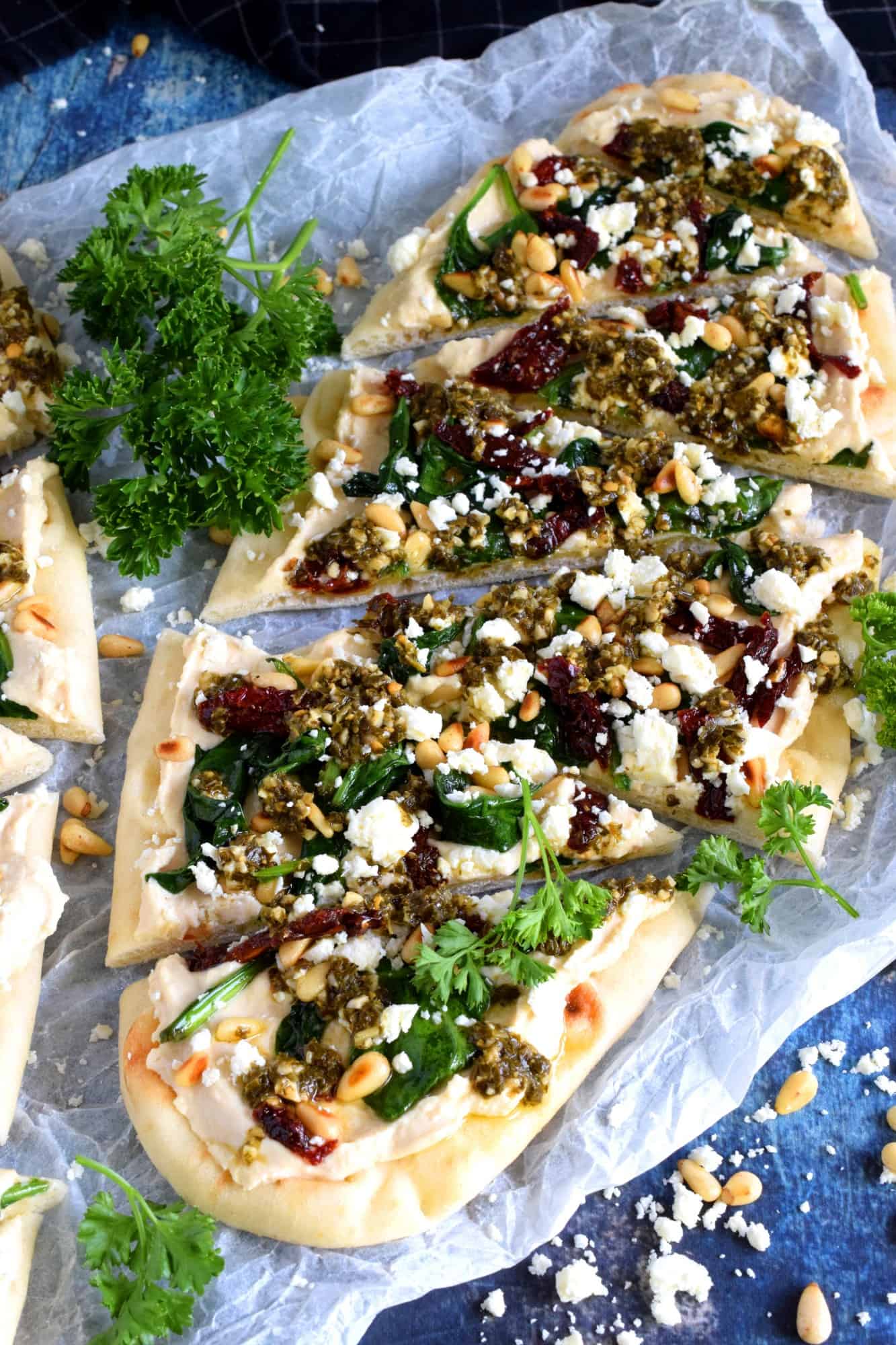 Hummus and Pesto Flatbread Appetizer Lord Byron's Kitchen