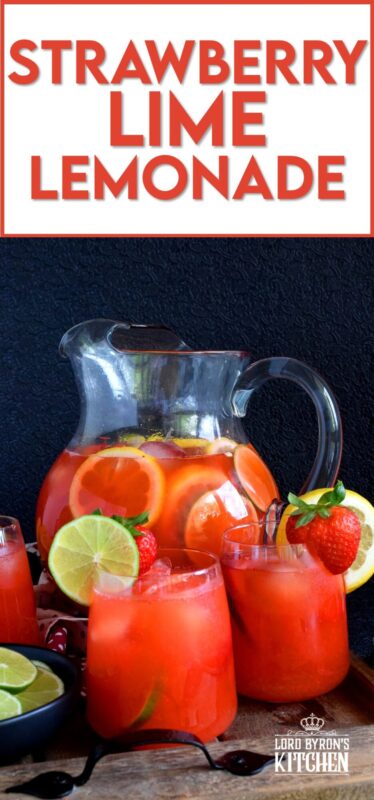 A refreshing summer drink made with simple syrup, whole strawberries, lime and lemon juice. If you're looking to up your lemonade game, this one is for you! Make a pitcher and serve with lots of ice on a hot summer day.  Turn leftover Strawberry Lime Lemonade into popsicles simply by pouring the juice into a popsicle mold and freezing! #limeade #strawberry #juice #lemonade #lime