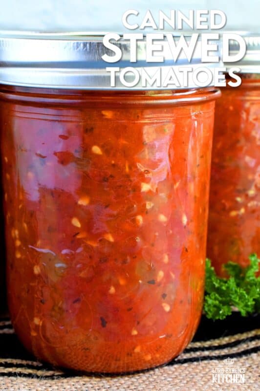 A great base to any pasta sauce, soup or stew; Canned Stewed Tomatoes is an inventive way to jazz up baked chicken or broiled seafood. Each jar is packed with tomatoes, onions, celery, and green bell pepper, making meal prep fast and easy! #canned #preserved #tomatoes #stewed