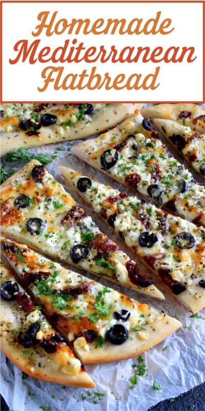Fast, easy, and delicious Homemade Mediterranean Flatbread-style pizza in less than thirty minutes! Simply change the toppings to suit your preferences! #flatbread #pizza #Mediterranean #homemade #recipe
