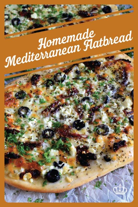 Fast, easy, and delicious Homemade Mediterranean Flatbread-style pizza in less than thirty minutes! Simply change the toppings to suit your preferences! #flatbread #pizza #Mediterranean #homemade #recipe
