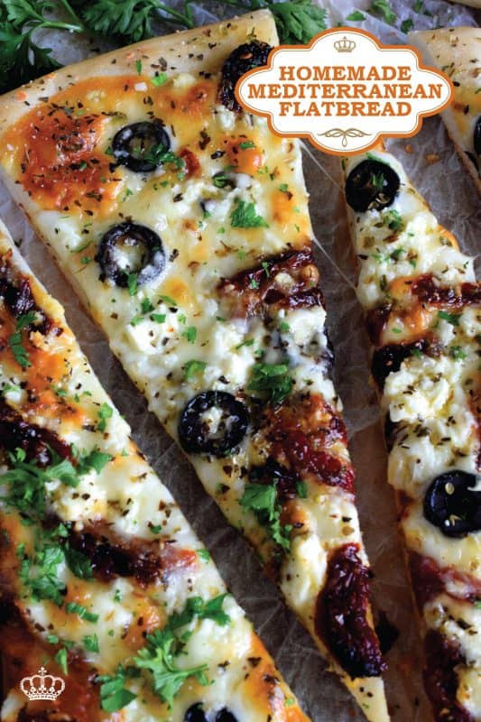 Fast, easy, and delicious Homemade Mediterranean Flatbread-style pizza in less than thirty minutes! Simply change the toppings to suit your preferences! #flatbread #pizza #Mediterranean #homemade #recipe