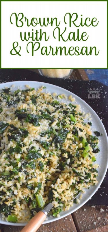 Brown Rice with Kale and Parmesan - A quick and healthy side dish using instant brown rice, frozen chopped kale, and fresh parmesan; reheat the next day for a great work lunch! #brown #rice #kale #side #easy