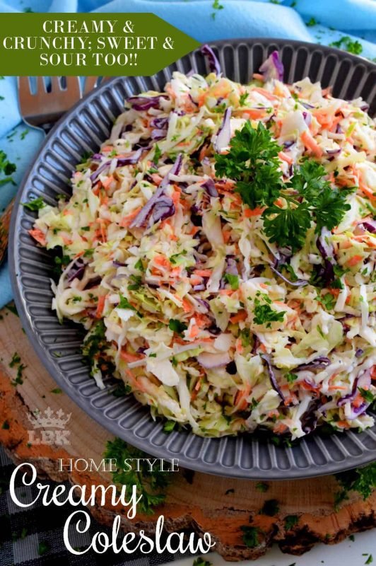 Home Style Creamy Coleslaw - A great tasting Home Style Creamy Coleslaw consists of simple ingredients, no fuss, and lots of crispy, crunchy vegetables. #coleslaw #homemade #creamy #salad