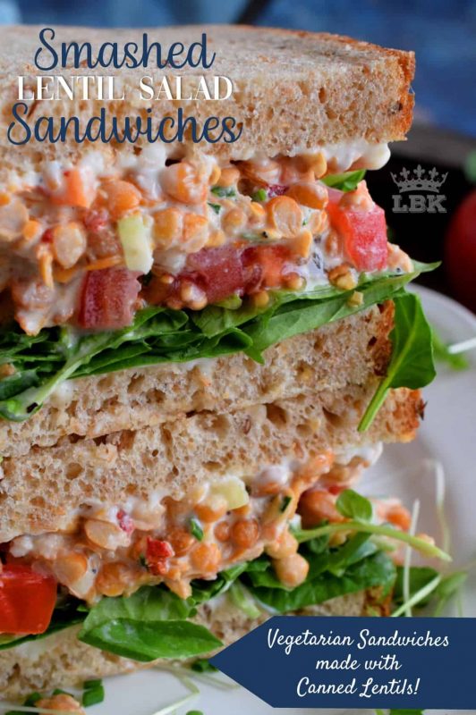 A delicious alternative to a deli meat sandwich, this vegetarian Smashed Lentil Salad delight is made with canned lentils and a bunch of healthy fixings!#vegetarian #sandwich #lentils #salad #smashed 