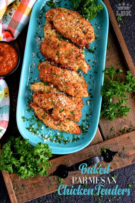 The easiest and tastiest homemade chicken fingers ever! Crusted with parmesan cheese and oven baked to golden perfection, it's impossible to eat just one! #chicken #fingers #tenders #baked #cheesy #parmesan