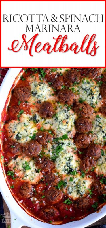 Your favourite meatballs baked in a ricotta and spinach marinara with herbs and parmesan - spoon over pasta for a delicious Sunday family supper!#ricotta #spinach #marinara #meatballs