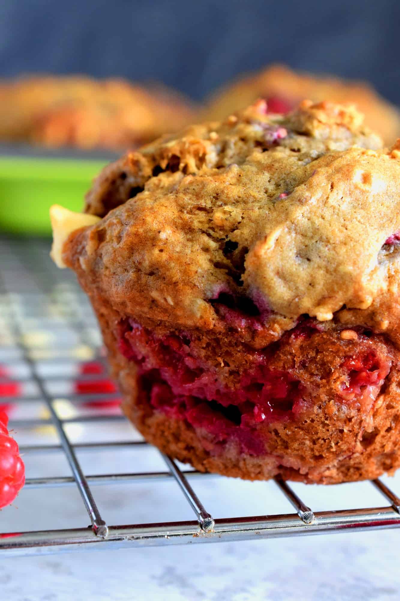 Raspberry Banana Oatmeal Muffins with White Chocolate Chunks