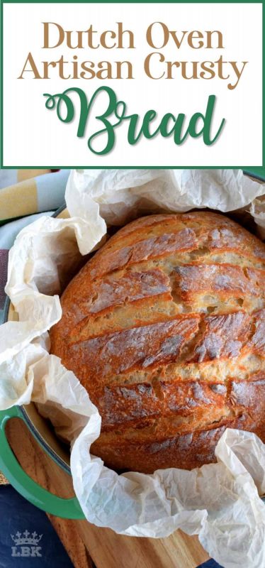 No fancy kneading skills, machinery, or gadgets needed to make this Dutch Oven Artisan Crusty Bread; just good old fashioned patience and a desire for a home style, easy to make bread!#Dutch #oven #crusty #bread #artisan 
