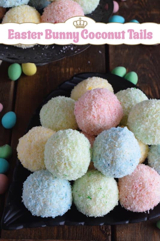 As tasty as they are pretty, Easter Bunny Coconut Tails are a no-bake, easy, kid-friendly recipe! They will love dying the coconut those pastel colours! #easter #bunny #balls #tail #cookies #pastel #nobake