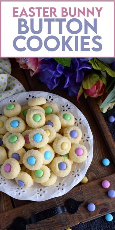 Miniature, one-bite cookies made with pastel candy centers. Easter Bunny Button Cookies are a great Easter gift idea and can be easily packaged for gift-giving, or just save them all for yourself! Whatever you decide, a double batch just might be a good idea! #easter #bunny #cookies #candy #chocolate