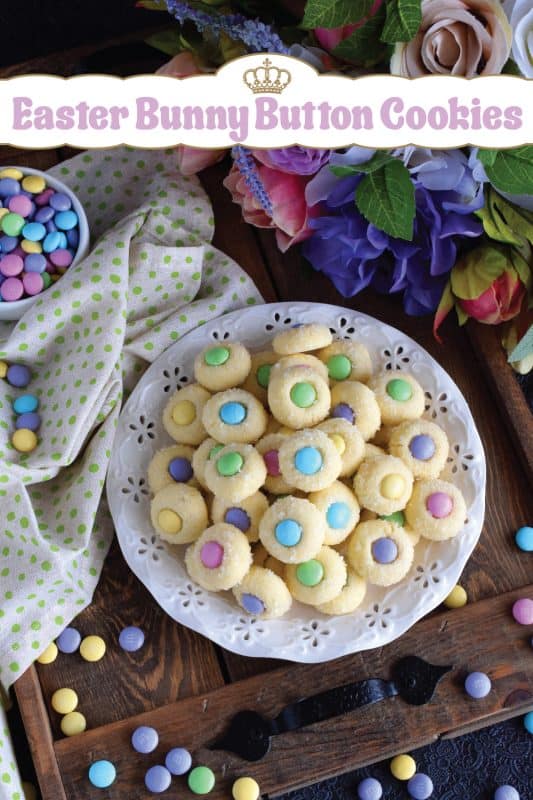 Miniature, one-bite cookies made with pastel candy centers. Easter Bunny Button Cookies are a great Easter gift idea and can be easily packaged for gift-giving, or just save them all for yourself! Whatever you decide, a double batch just might be a good idea! #easter #bunny #cookies #candy #chocolate