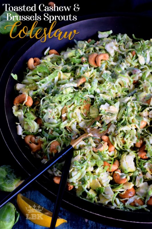 This non-traditional coleslaw consists of uncooked shaved Brussels sprouts which have been tossed with toasted cashews in a homemade tangy and zesty sauce. #brussels #sprouts #coleslaw #salad #raw #toasted #cashews