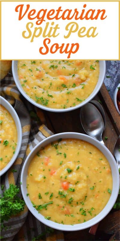 Vegetarian Split Pea Soup is every bit as delicious, wholesome, and nostalgic as the soup your mom made. This is a pantry staple recipe with a few fresh root vegetables. Not looking for vegetarian soup? Add bacon or ham to your soup or serve them both on the side! #soup #splitpea #split #pea #dried #yellow #dumplings #vegetarian