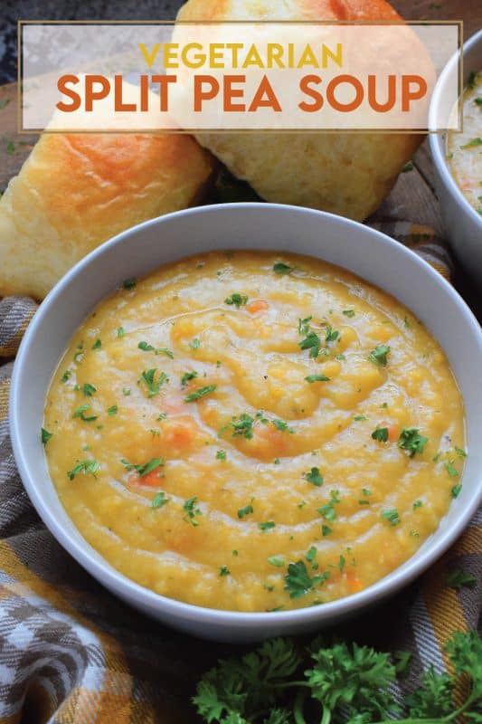 Vegetarian Split Pea Soup is every bit as delicious, wholesome, and nostalgic as the soup your mom made. This is a pantry staple recipe with a few fresh root vegetables. Not looking for vegetarian soup? Add bacon or ham to your soup or serve them both on the side! #soup #splitpea #split #pea #dried #yellow #dumplings #vegetarian