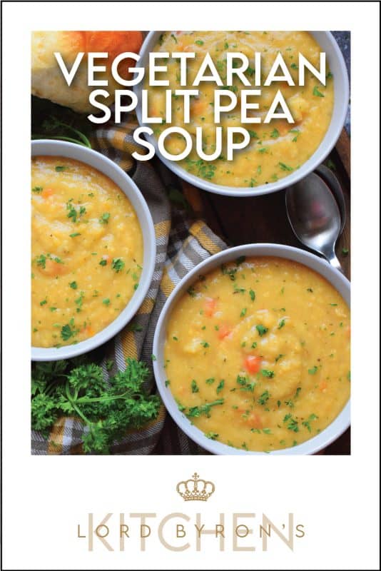 Vegetarian Split Pea Soup is every bit as delicious, wholesome, and nostalgic as the soup your mom made. This is a pantry staple recipe with a few fresh root vegetables. Not looking for vegetarian soup? Add bacon or ham to your soup or serve them both on the side! #soup #splitpea #split #pea #dried #yellow #dumplings #vegetarian