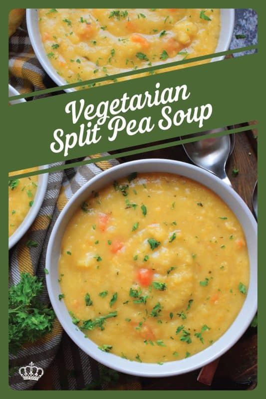 Vegetarian Split Pea Soup is every bit as delicious, wholesome, and nostalgic as the soup your mom made. This is a pantry staple recipe with a few fresh root vegetables. Not looking for vegetarian soup? Add bacon or ham to your soup or serve them both on the side! #soup #splitpea #split #pea #dried #yellow #dumplings #vegetarian