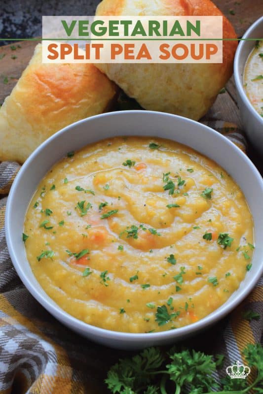 Vegetarian Split Pea Soup is every bit as delicious, wholesome, and nostalgic as the soup your mom made. This is a pantry staple recipe with a few fresh root vegetables. Not looking for vegetarian soup? Add bacon or ham to your soup or serve them both on the side! #soup #splitpea #split #pea #dried #yellow #dumplings #vegetarian