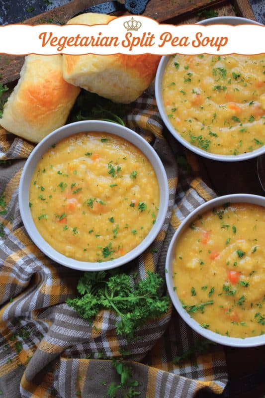 Vegetarian Split Pea Soup is every bit as delicious, wholesome, and nostalgic as the soup your mom made. This is a pantry staple recipe with a few fresh root vegetables. Not looking for vegetarian soup? Add bacon or ham to your soup or serve them both on the side! #soup #splitpea #split #pea #dried #yellow #dumplings #vegetarian