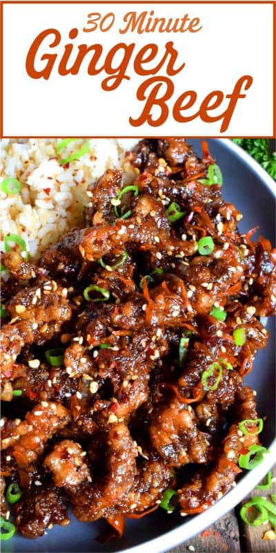 Thinly sliced beef, fried until crispy, and coated in a sweet and slightly spicy garlic and ginger sauce; 30 Minute Ginger Beef is an inexpensive dinner the whole family will love! #ginger #beef #takeout #homemade #garlic #fried #crispy