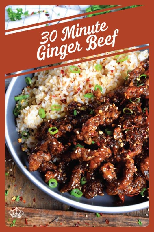 Thinly sliced beef, fried until crispy, and coated in a sweet and slightly spicy garlic and ginger sauce; 30 Minute Ginger Beef is an inexpensive dinner the whole family will love! #ginger #beef #takeout #homemade #garlic #fried #crispy
