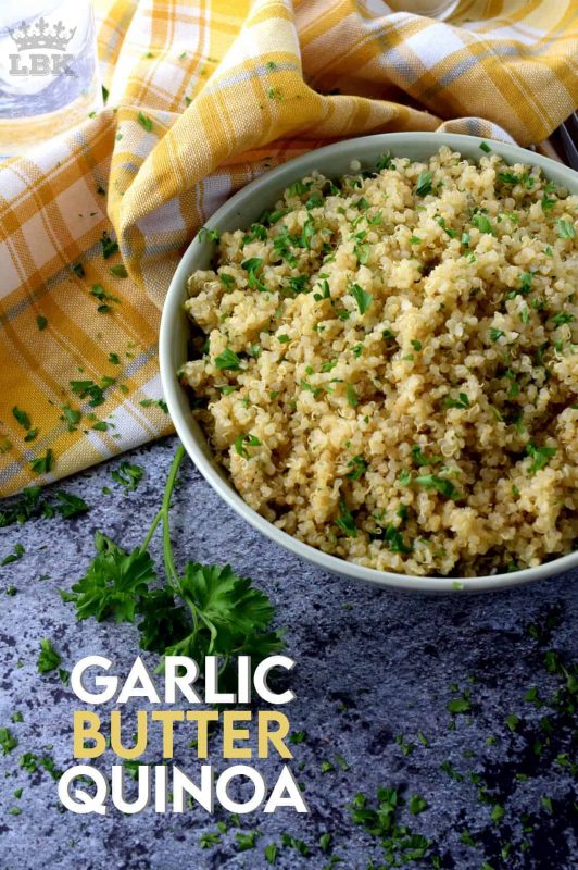 This recipe recreates the flavours of garlic bread without the bread.  Garlic Butter Quinoa is a fast main or side dish option that's got all the flavour of garlic bread with the healthiness of quinoa.#garlic #butter #quinoa #sidedishes #vegetarian